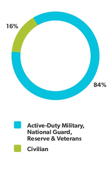 Graph depicting percentages of students broken down into their status of military background