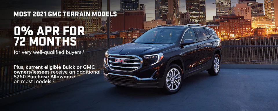 2021 GMC Terrain SLT Elevation Edition Small SUV parked with headlights on