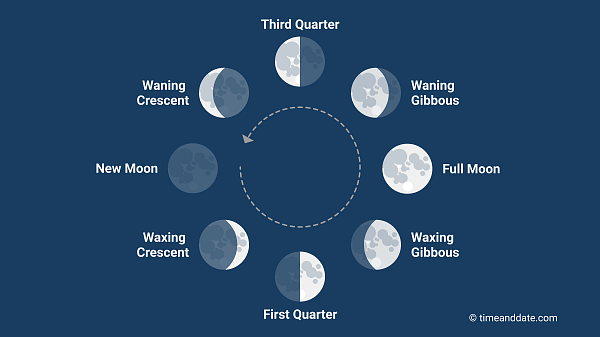 Illustration of the eight phases of the Moon with an arrow showing the order they appear in, seen from Earth.