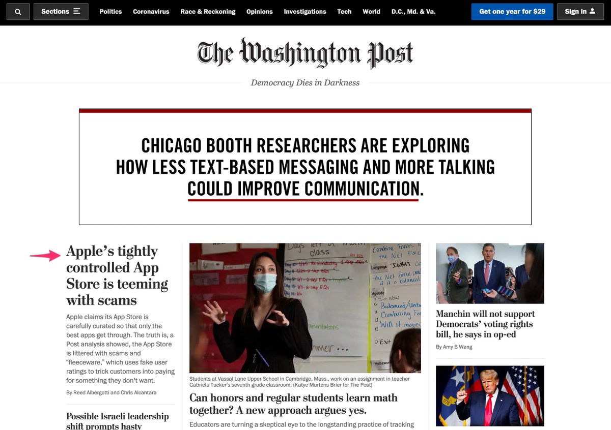 Screenshot of the Washington Post homepage - the top story is "Apple's tightly controlled App Store is teeming with scams"