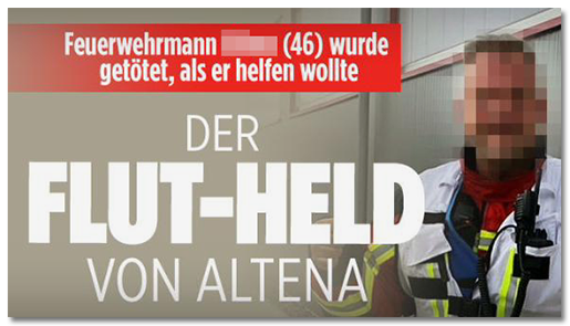 Screenshot von BILD.de: "Feuerwehrmann [...] (46) wurde getötet, als er helfen wollte - DER FLUT-HELD VON ALTENA"