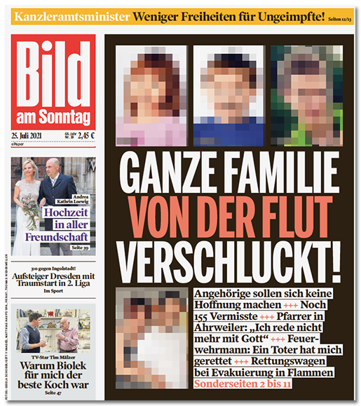 Titelseite der BILD am SONNTAG: "GANZE FAMILIE VON DER FLUT VERSCHLUCKT", dazu ein Foto der Eltern sowie drei Fotos der Kinder