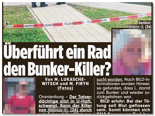 Ausriss aus der BILD-Zeitung: "Überführt ein Rad den Bunker-Killer?", dazu ein Foto des Mannes bei der Festnahme sowie ein Foto der Frau