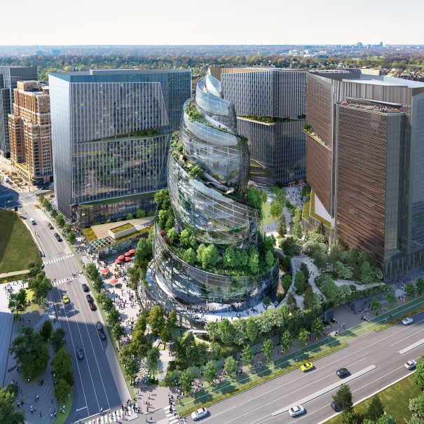 An aerial view rendering of The Helix on Amazon's PenPlace campus in Arlington, Virginia.