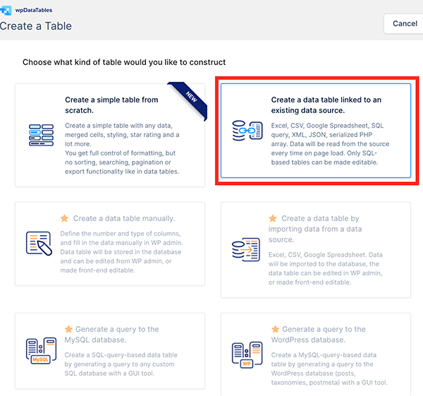 Where you create a data table linked to an existing data source.