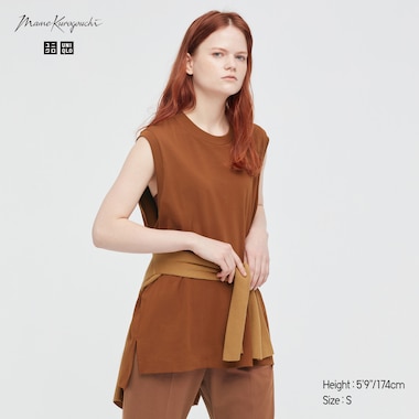 Women Airism Cotton Oversized Sleeveless T-Shirt (Mame Kurogouchi), Brown, Medium