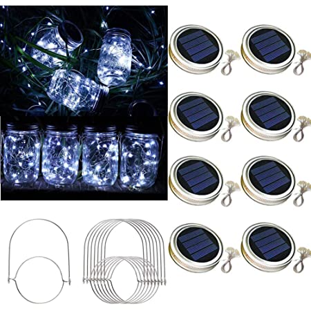 Raincol Solar Mason Jar Lid Lights 8 Pack 30 Led Solar String Light Waterproof Fairy Hanging Lighting Solar Lids Jar Lights with 8 Hangers (No Jars) for Garden Patio Table Wedding Decor,Cold White