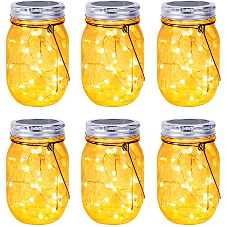 Brizled Solar Mason Jar Lights, 6 Pack 30 LED Solar Fairy String Lights with Hangers, Outdoor Solar Lantern Table Light Waterproof Firefly Jar Lid Light for Christmas Patio Garden Yard Deck Floor Lawn