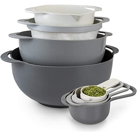 Cook With Color 8 Piece Nesting Bowls with Measuring Cups Colander and Sifter Set | Includes 2 Mixing Bowls, 1 Colander, 1 Sifter and 4 Measuring Cups, Gray