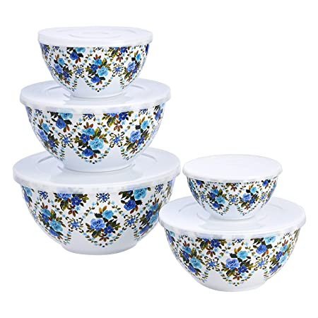 Amazon Basics 10-Piece Mixing Bowl Set with Lids - Non-Slip Base, Blue Rose Floral