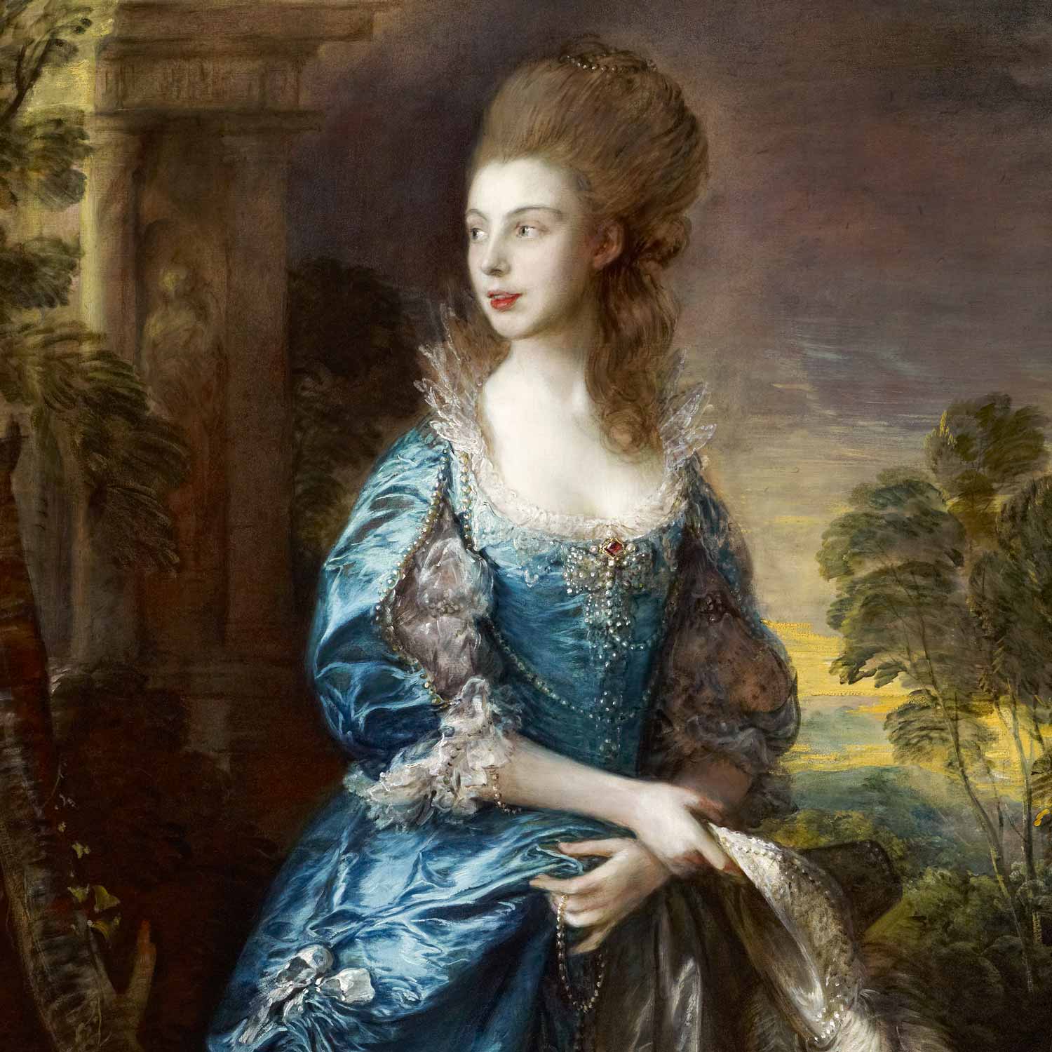 Oil painting of woman wearing blue dress and standing in landscape