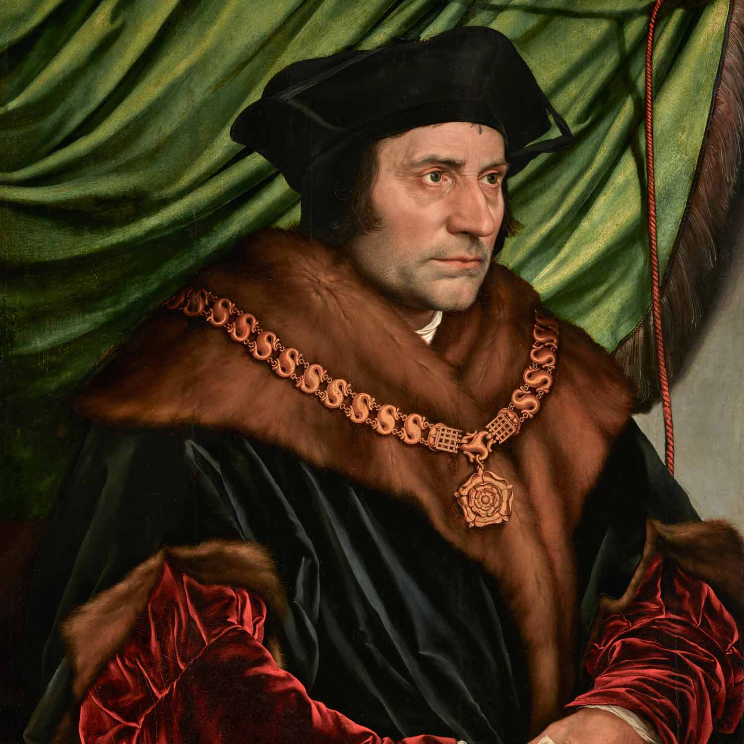 oil painting of Sir Thomas More wearing a black cap, a black velvet cloak with fur lining