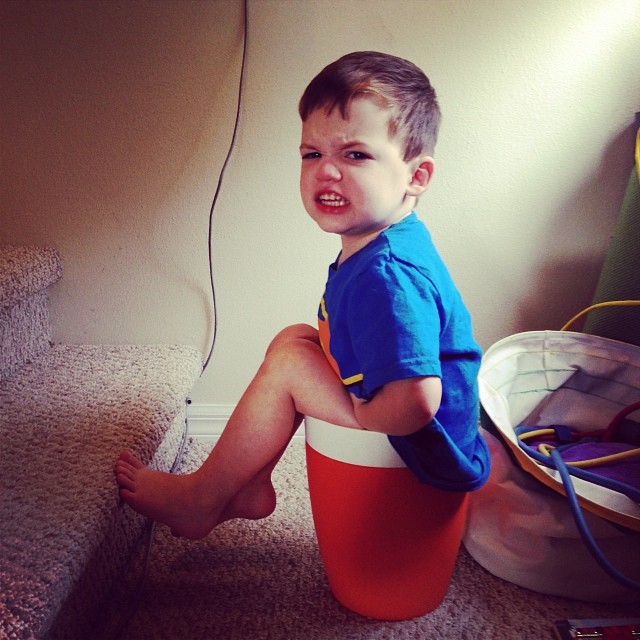 And… he got stuck in a trash can.