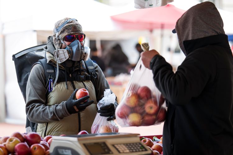 A customer wearing a protective face mask and gloves buys apples at a farmers market.