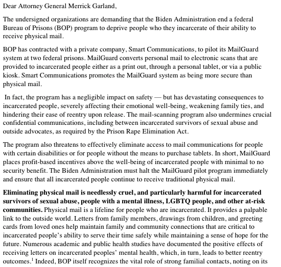 a screenshot of the first page of the linked pDF letter to AG Merrick Garland