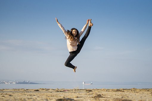 Jeune Fille, Saut, Heureux, Danse, Mer