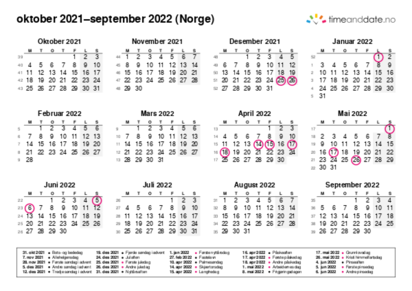 Kalender for 2021 i Norge