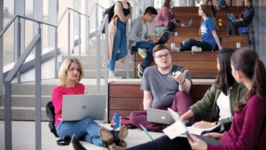 Students chatting at the University of Lethbridge. (Courtesy of Jason Jones/University of Lethbridge)