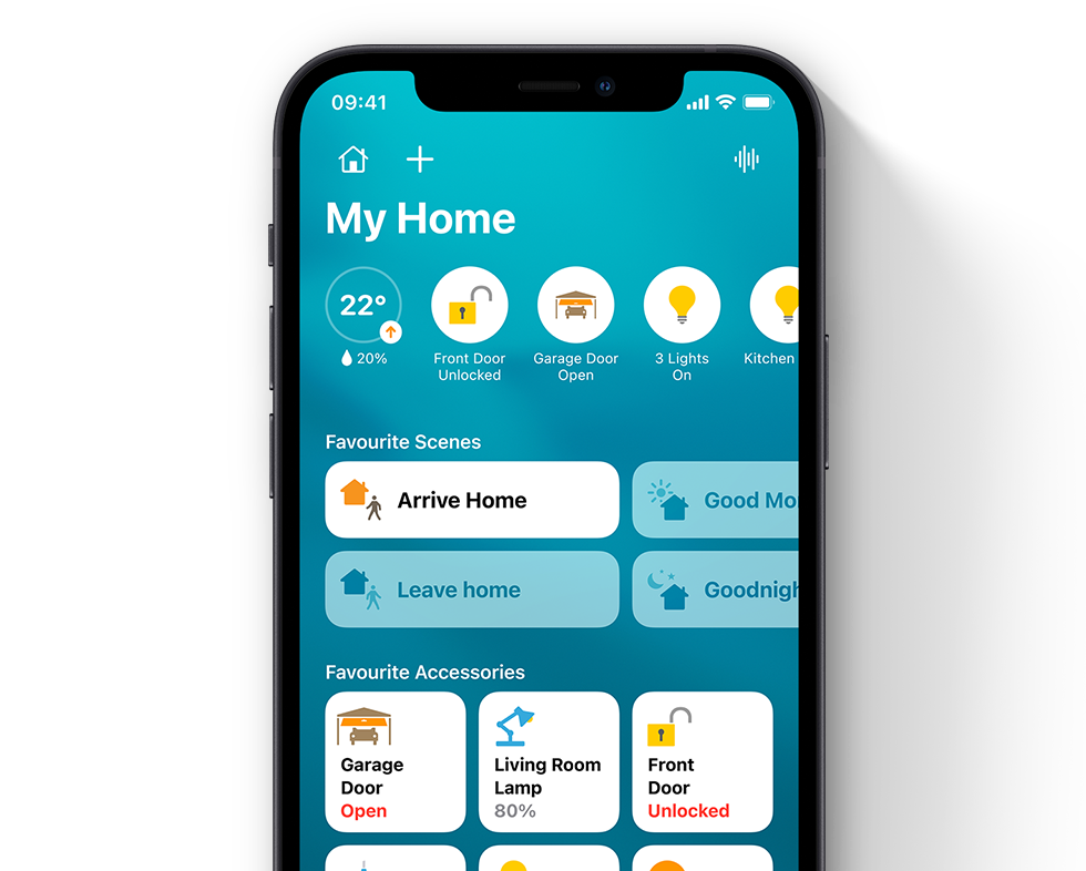 iPhone with HomeKit device graphics.