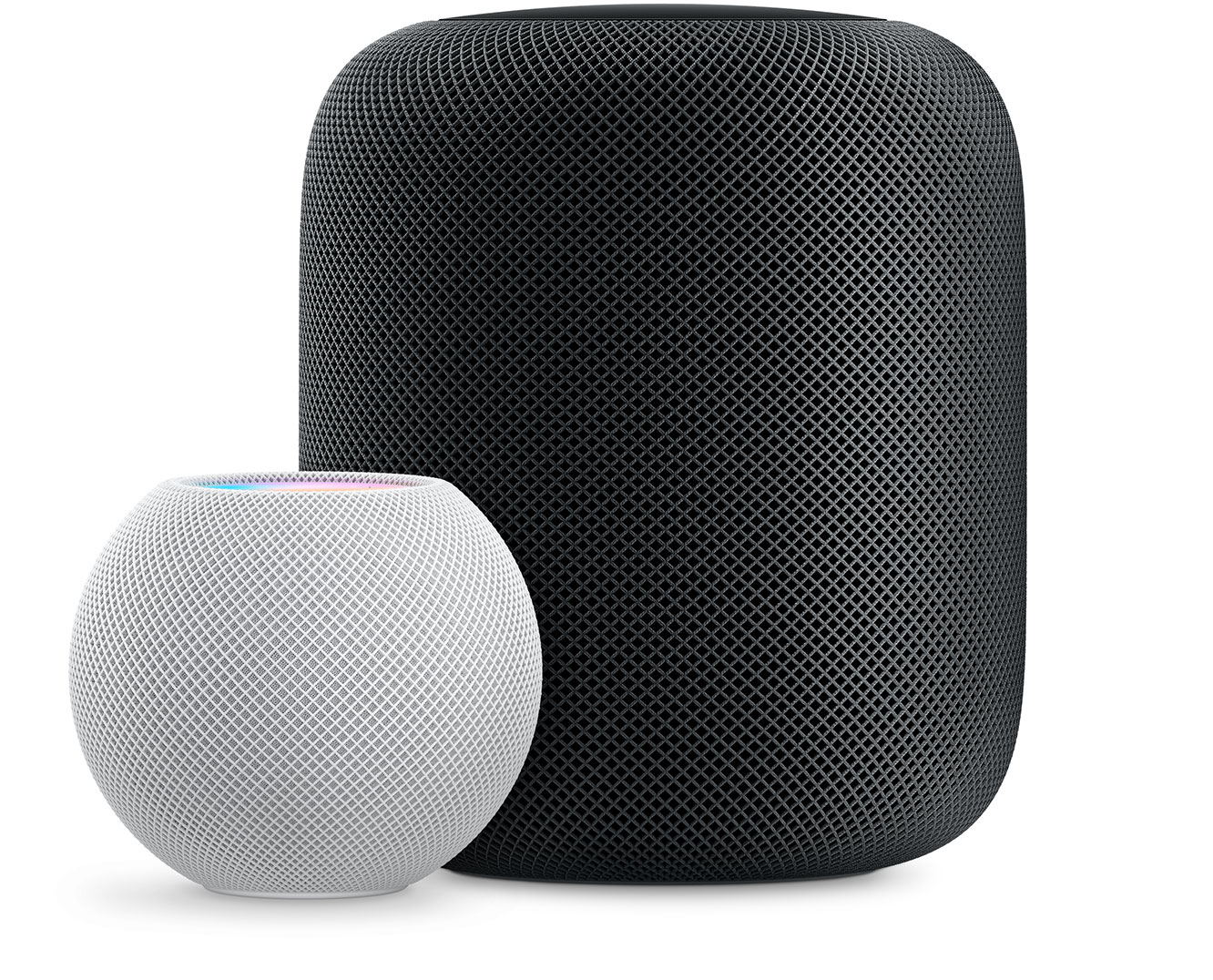 White HomePod mini in front and to the left of a Space Grey HomePod.