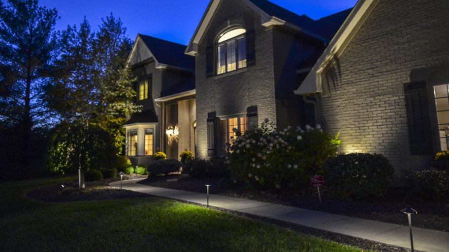 outdoor lighting in front of Indiana home and pathway