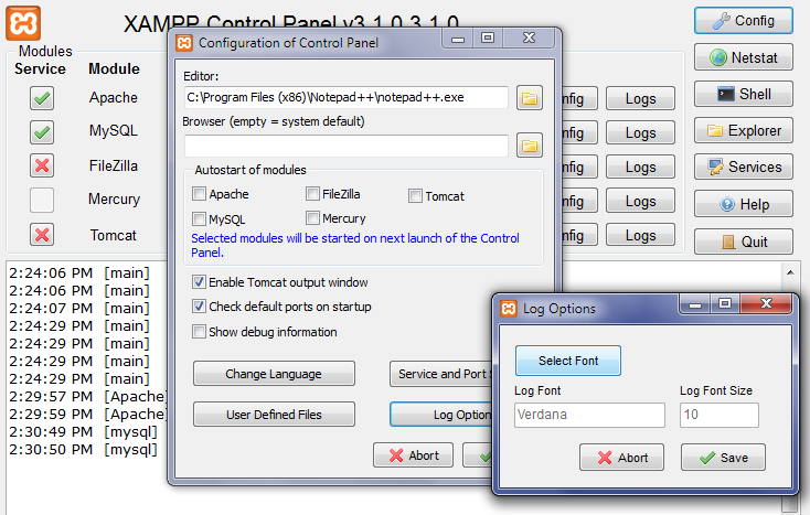 Configuring XAMPP: Set Default Font For Logs Screen