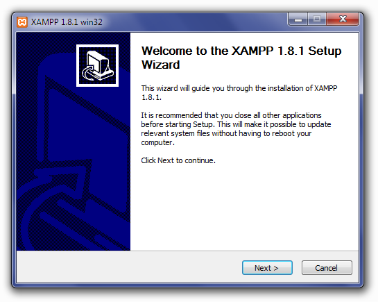 Installing XAMPP: Welcome To The XAMPP Setup Wizard Screen