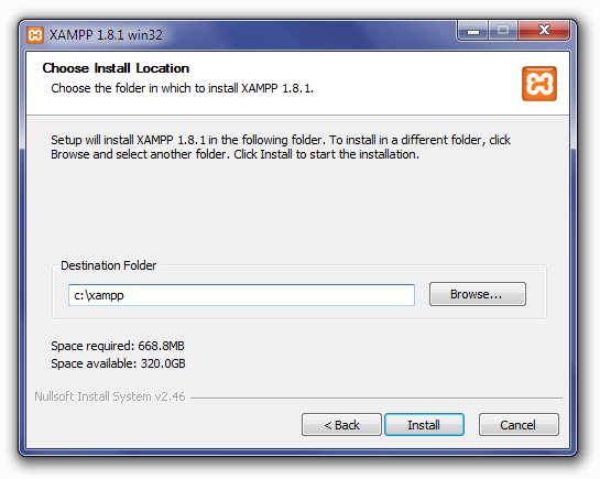 Installing XAMPP: Choose Install Location Screen