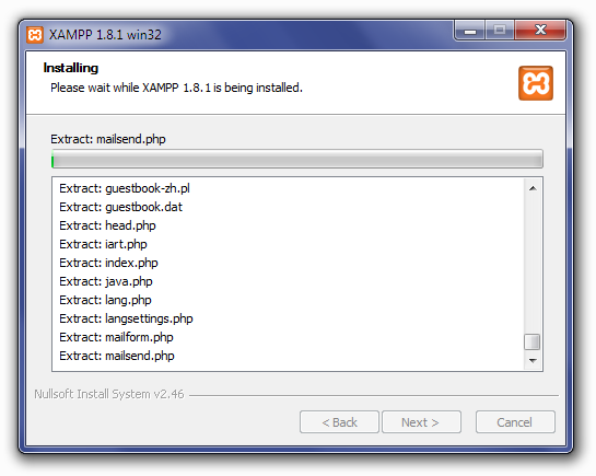 Installing XAMPP: Unpacking Files Screen