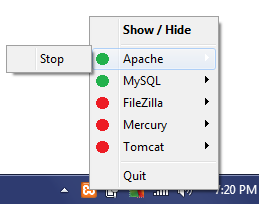 XAMPP Shutdown: Context Menu Screen