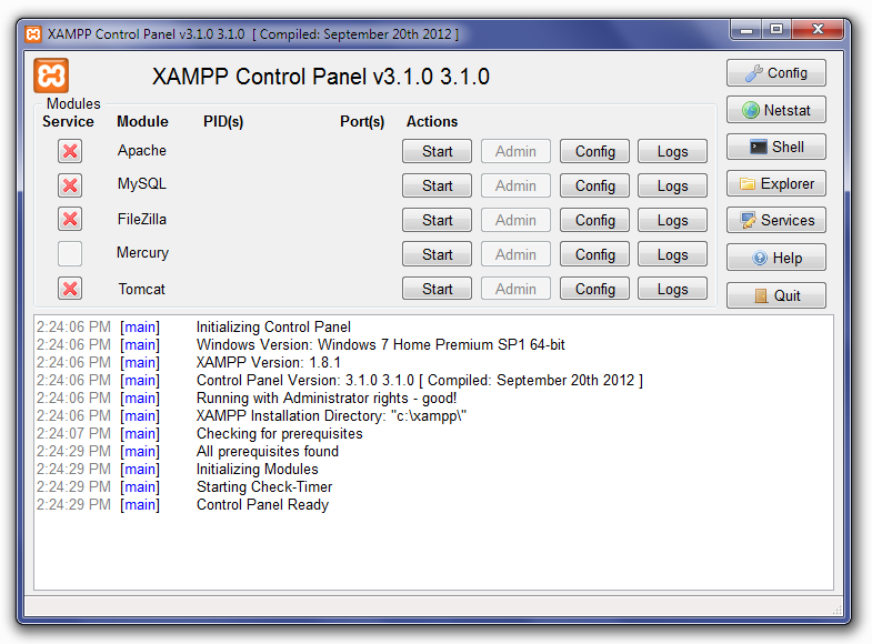 XAMPP Control Panel Screen