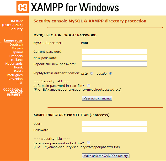 XAMPP Security Console Screen