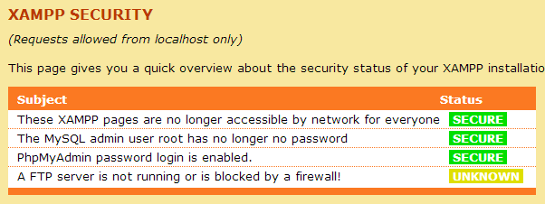 XAMPP Security Status Screen