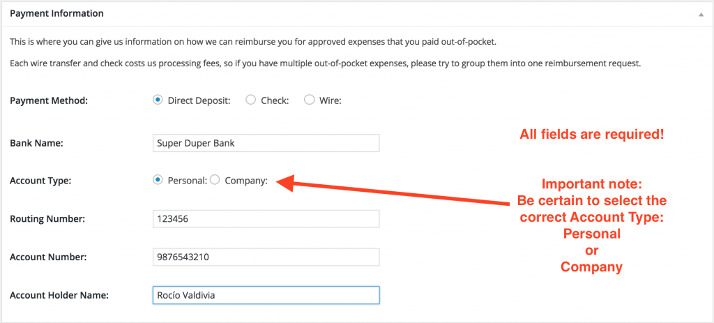 Reimbursement Requests: Step 5: Direct Deposit 