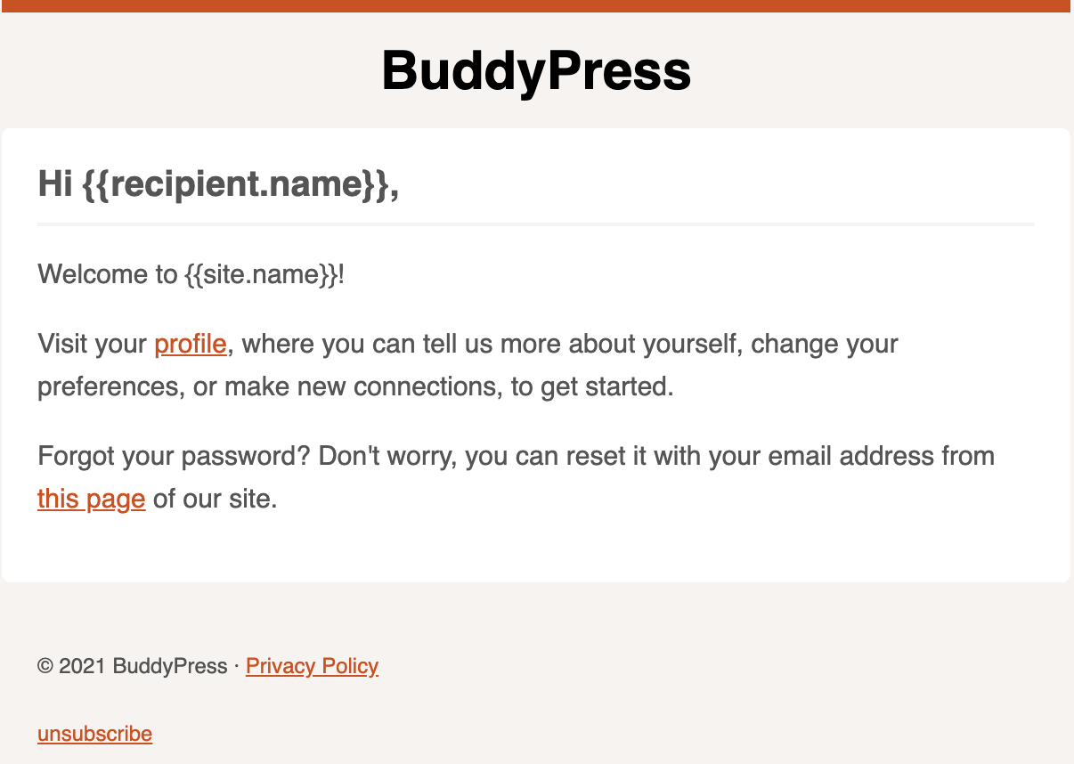 Screen capture of the default Welcome email