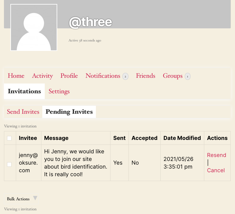 The new member invitations "pending invites" screen in a member's profile.