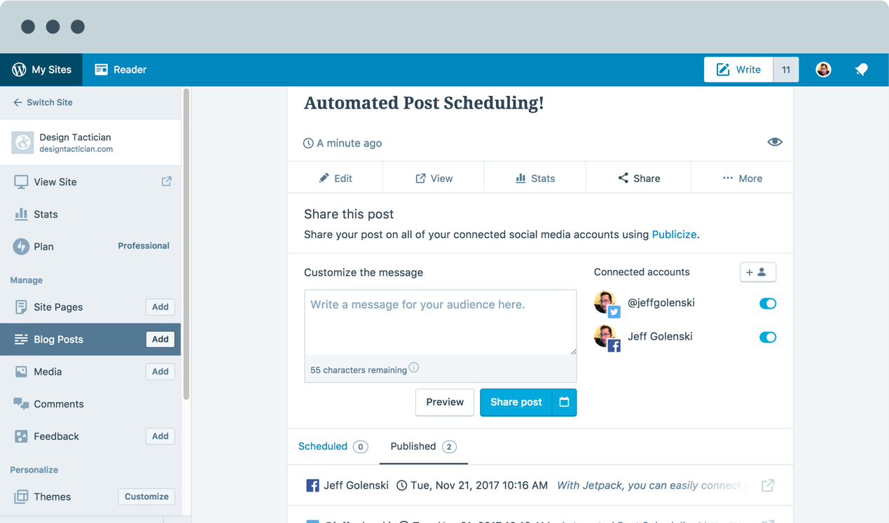 Image of the automated post scheduling feature within Jetpack