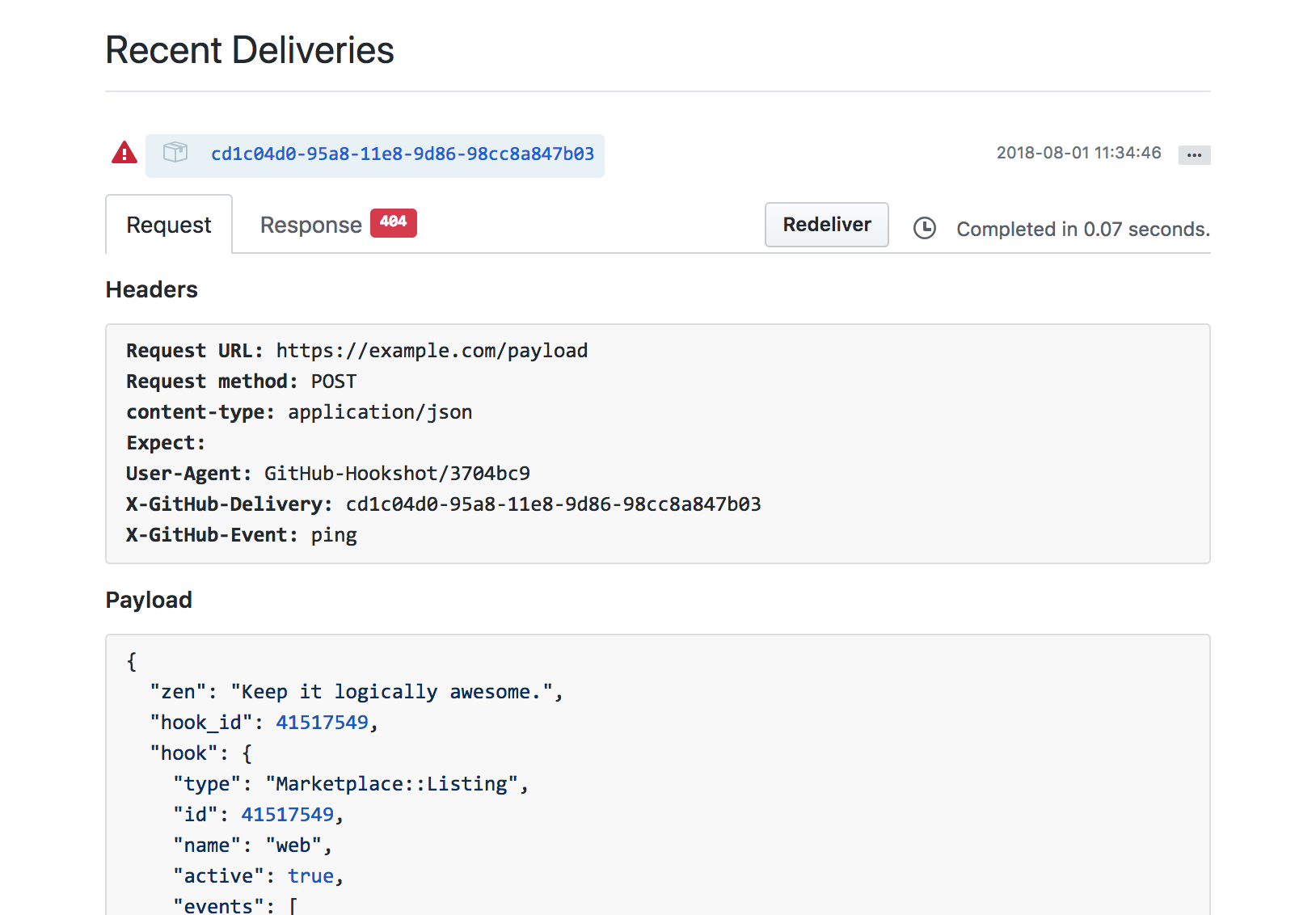 Inspect recent GitHub Marketplace webhook deliveries