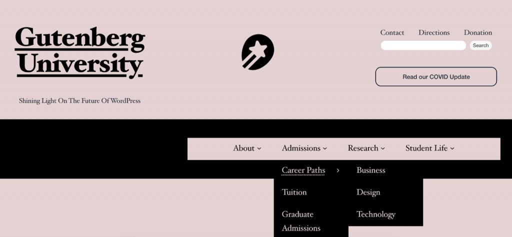 Image of a pretend Gutenberg University header with two different menus, including one with multiple sub-menu layers open.