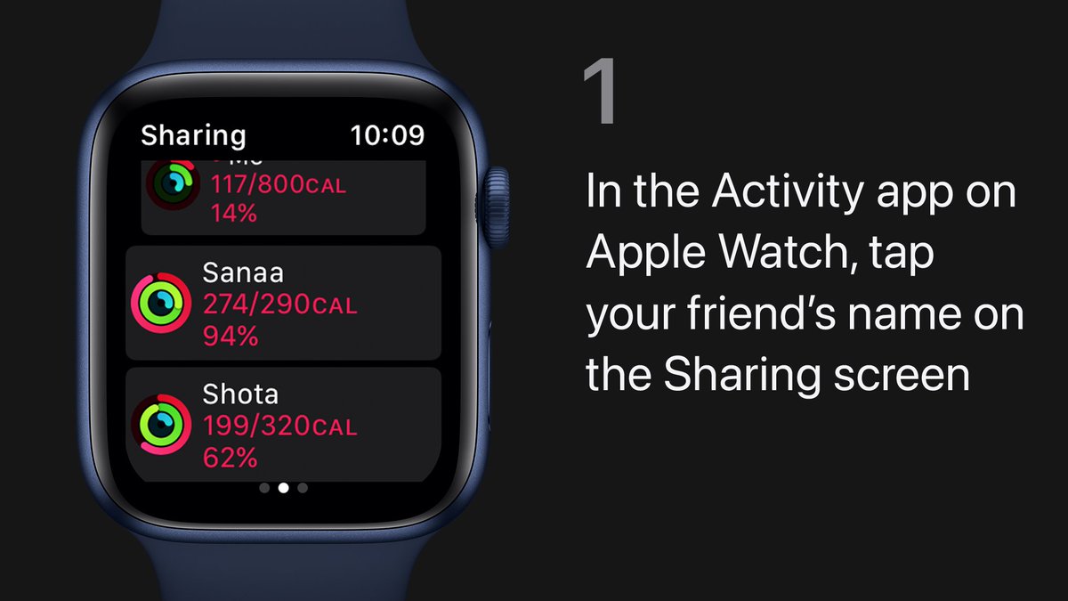 Step 1:
In the Activity app for Apple Watch, swipe left to access the Sharing screen. Then tap your friend’s name.
