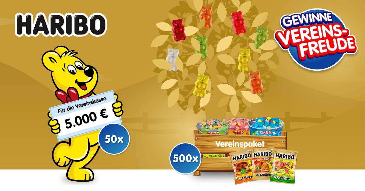 Infografik zur „HARIBO“-Aktion „Vereinsfreude“, die besagt, dass 50-mal 5.000 € und 500 Süßwarenpakete gewonnen werden können. Grafik mit freundlicher Genehmigung von „HARIBO“.