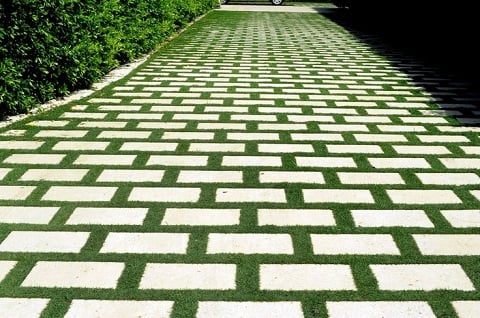 Grass and brick driveway lined with hedges