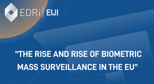 A CCTV camera with a sign reading "The Rise and rise of biometric mass surveillance in the EU"