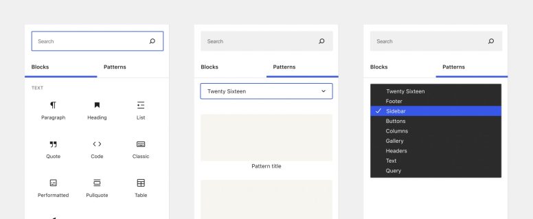 Three side-by-side views of the inserter: in the first, the Search bar is focused and “text” block icons displayed. In the second, the Patterns tab is selected and patterns are shown in a list. In the third, the drop down menu open with the “Sidebar” option hovered/active.