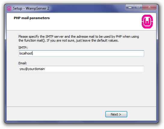Installing WampServer: PHP Mail Parameters Screen