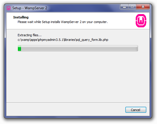Installing WampServer: Unpacking Files Screen