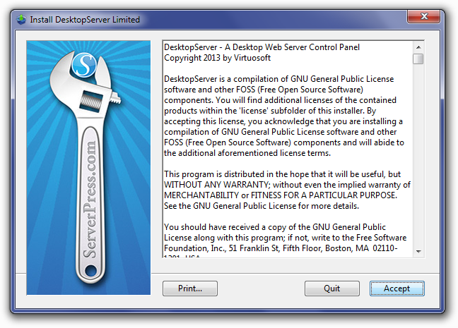 DesktopServer License Agreement Screen