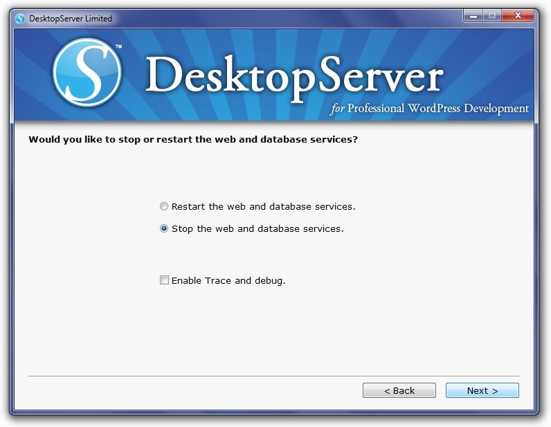 DesktopServer Confirm Stop Services Screen
