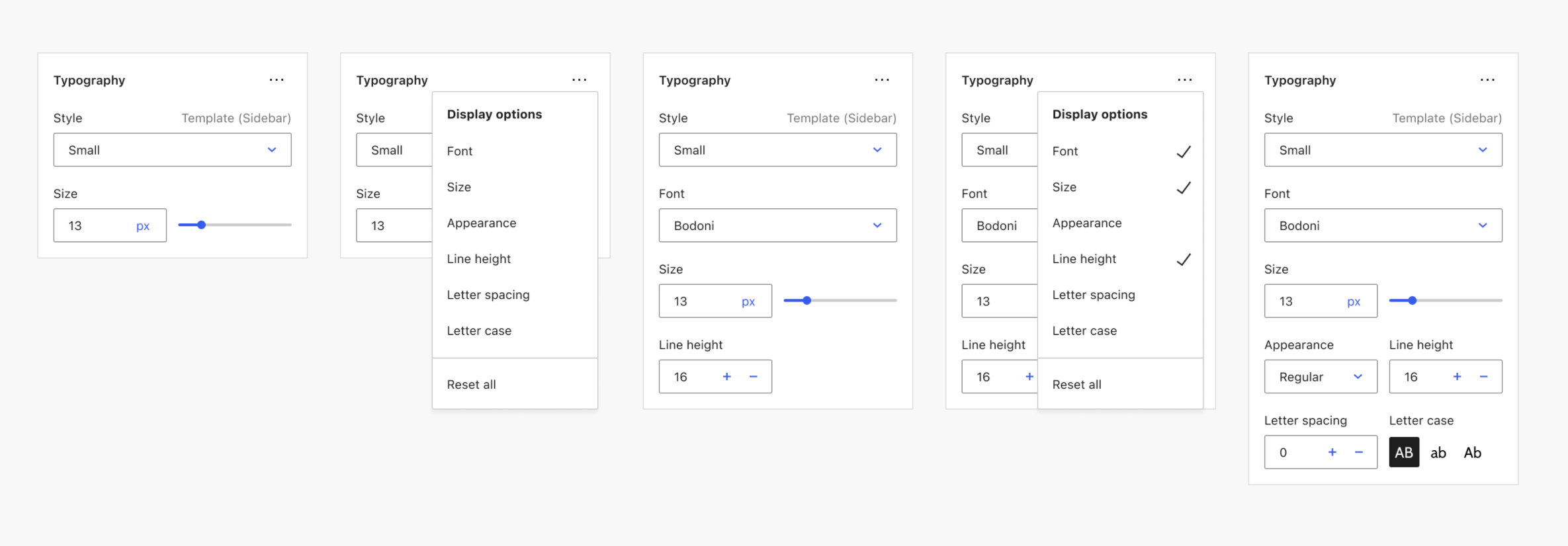 Series of panels showing different configurations of the typography tools.