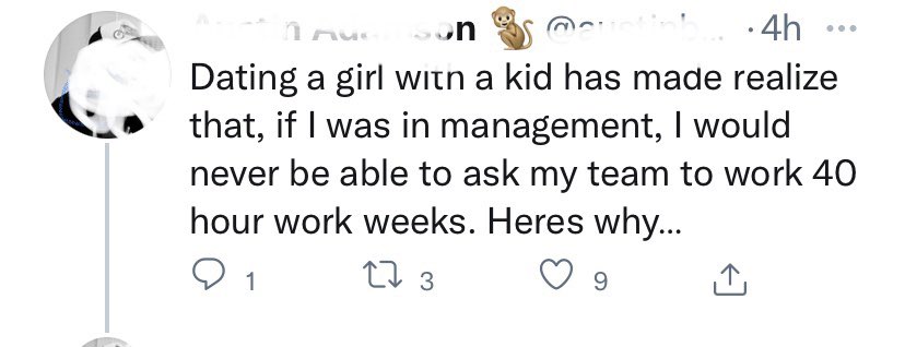 Screenshot of a tweet thread starter where someone says that now that they’re dating someone with a kid, they realize 40 hour work weeks may not be sustainable for families.